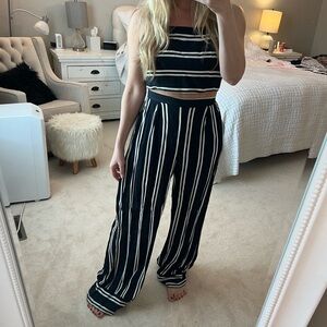 Lulu's Black and White Wide Leg Jumpsuit with Vertical Stripes